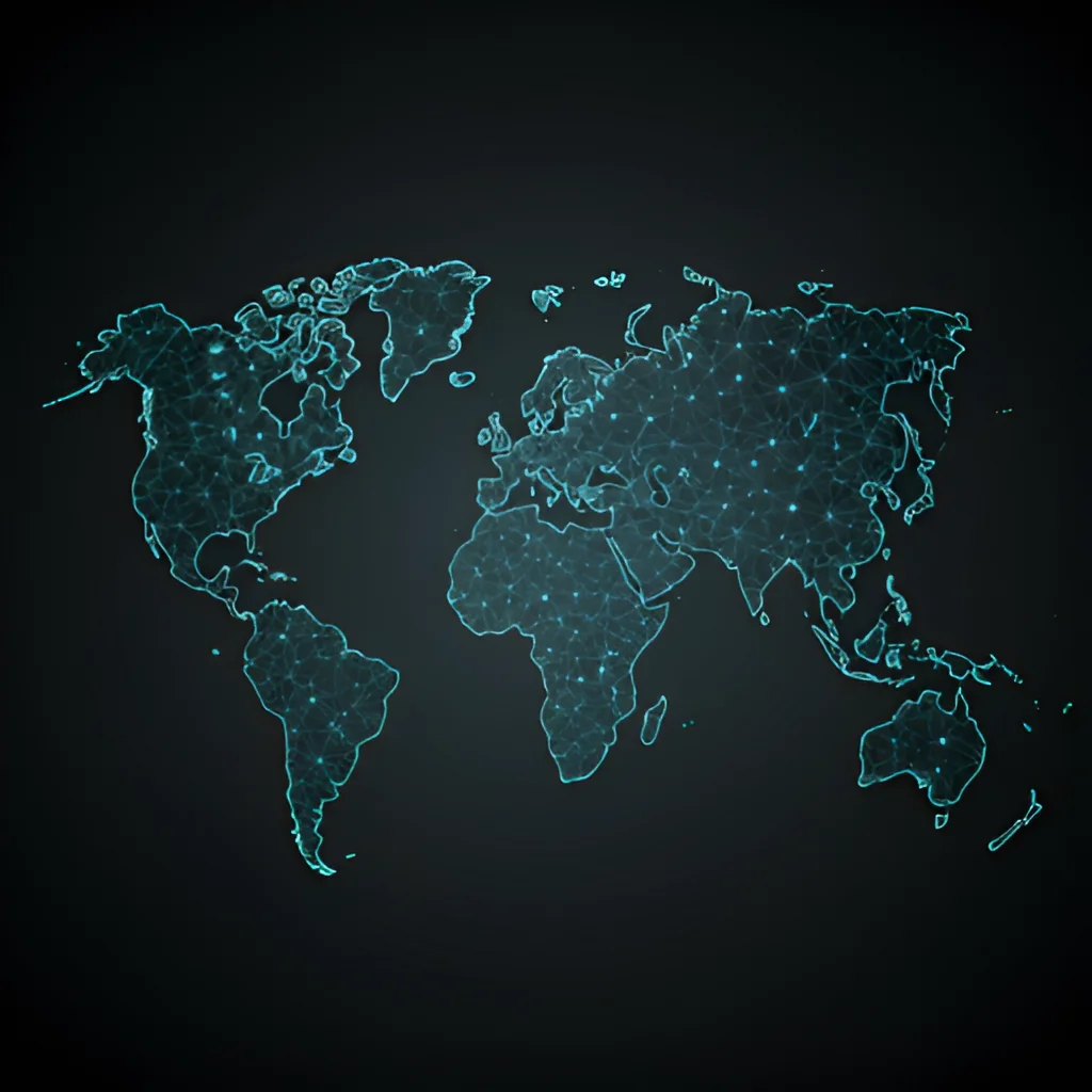Abstract dark world map with neon network lines